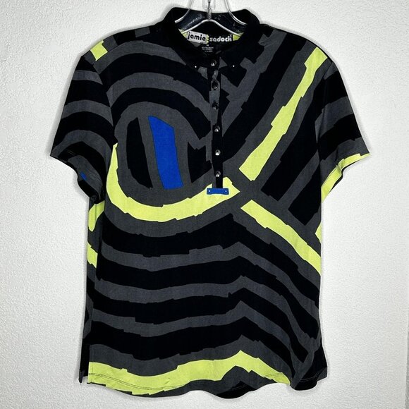 Jamie Sadock Polo Shirt Womens Medium Black Neon Abstract Golf Stretch Tennis - Picture 2 of 11